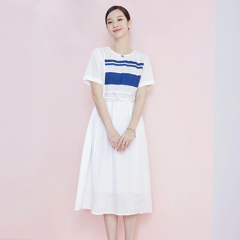 布景夏季连衣裙女圆领拼接短袖条纹中长款裙子亚麻BW02LB1023