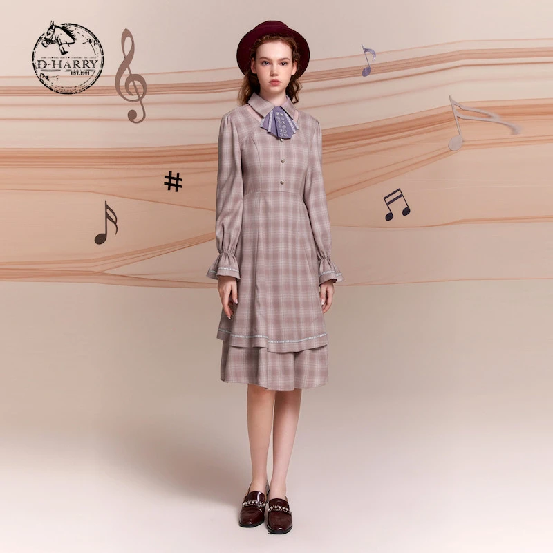 D-HARRY/迪哈利女士格纹连衣裙文艺复古双层下摆设计DH221J93778D