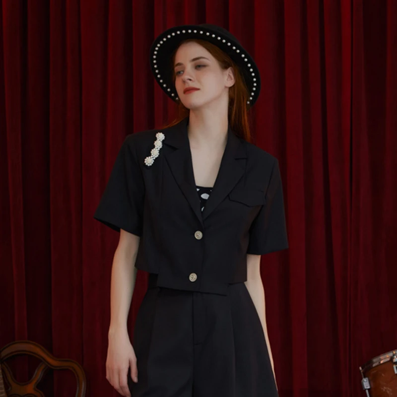 D-HARRY/迪哈利气质夏季黑色短西装可脱卸珍珠女DH222A95105D