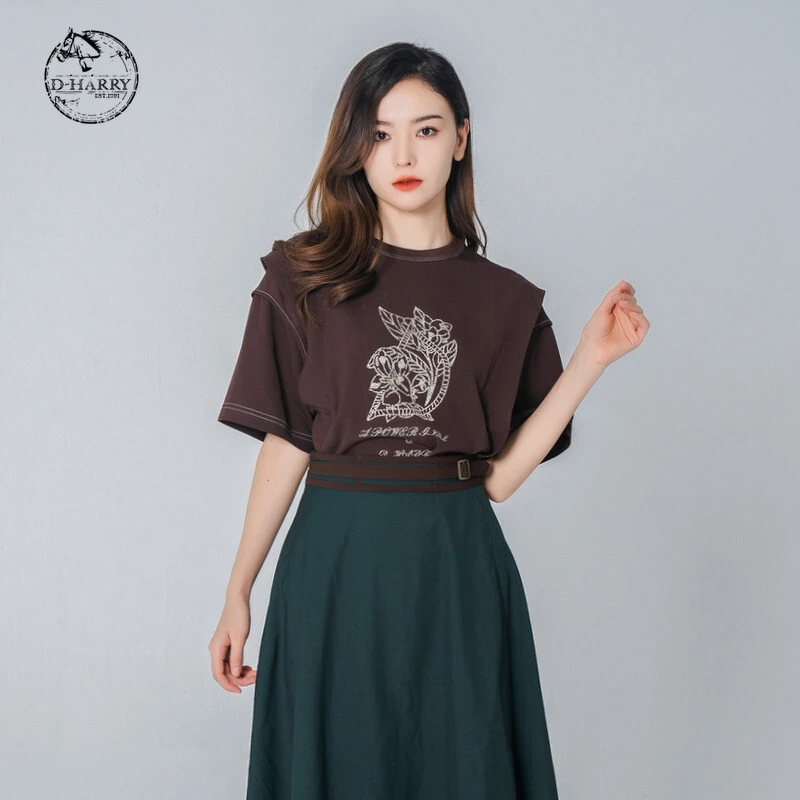 【双12】迪哈利显瘦复古不对称短袖女五分袖T恤DH223B95266D