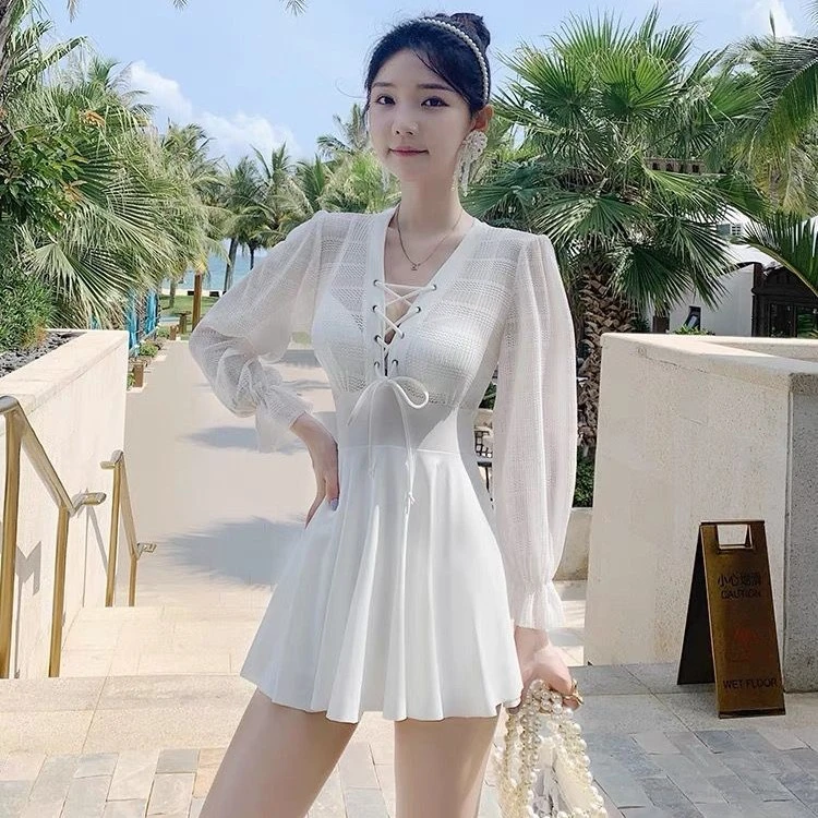 CYOGOK【高贵天使】纯欲风仙气保守连体裙式遮肚长袖防晒泳衣显瘦