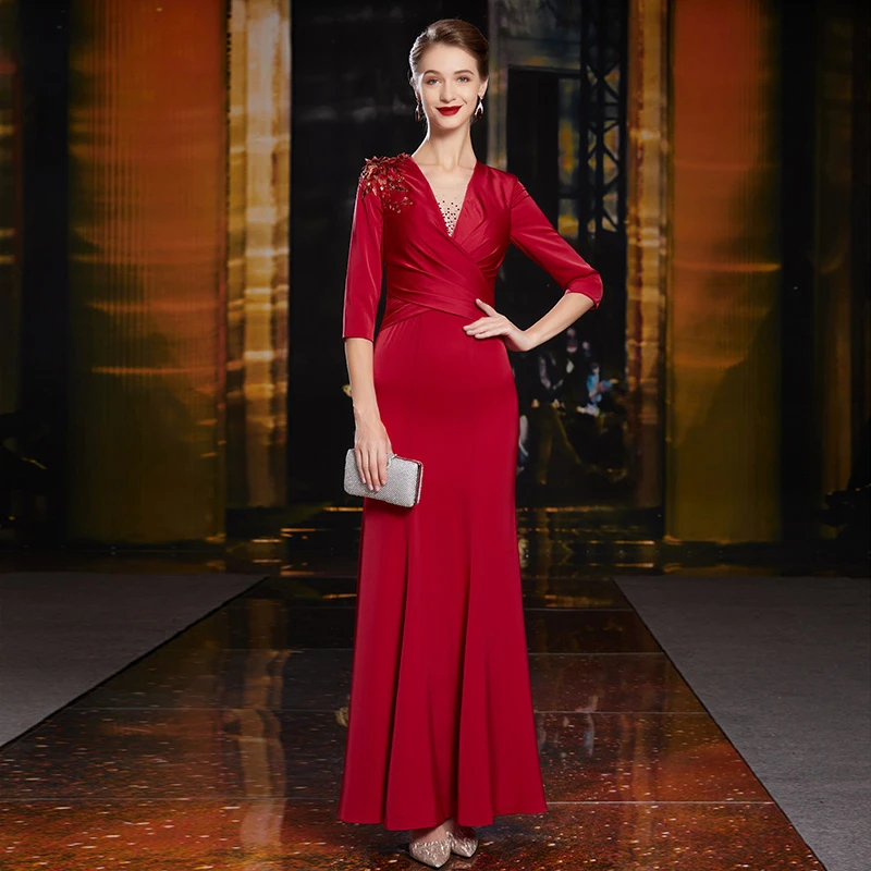 宫格丽婆婆婚宴晚礼服年轻婚庆妈妈连衣裙红色高腰修身显瘦连衣裙