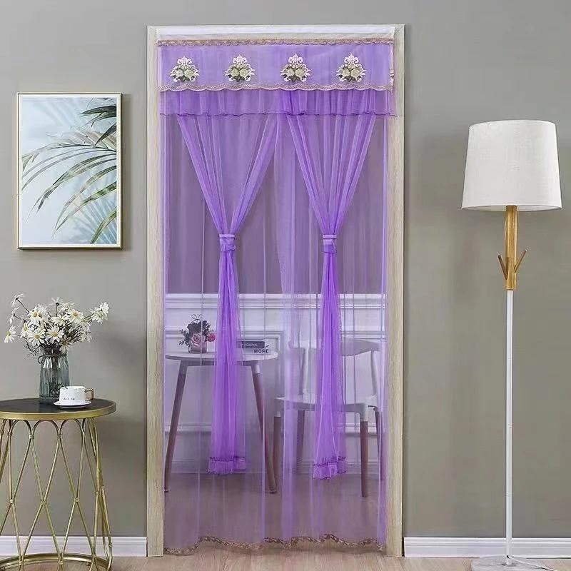 魔术贴防蚊门帘夏季家用免打孔新款隔断门帘双层纱蕾丝绣花遮光