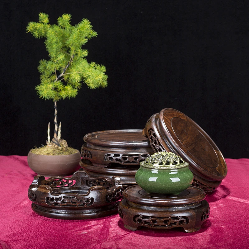 圆形实木底座陶瓷鱼缸花瓶铜器工艺品家居摆件底托架佛像葫芦奇石