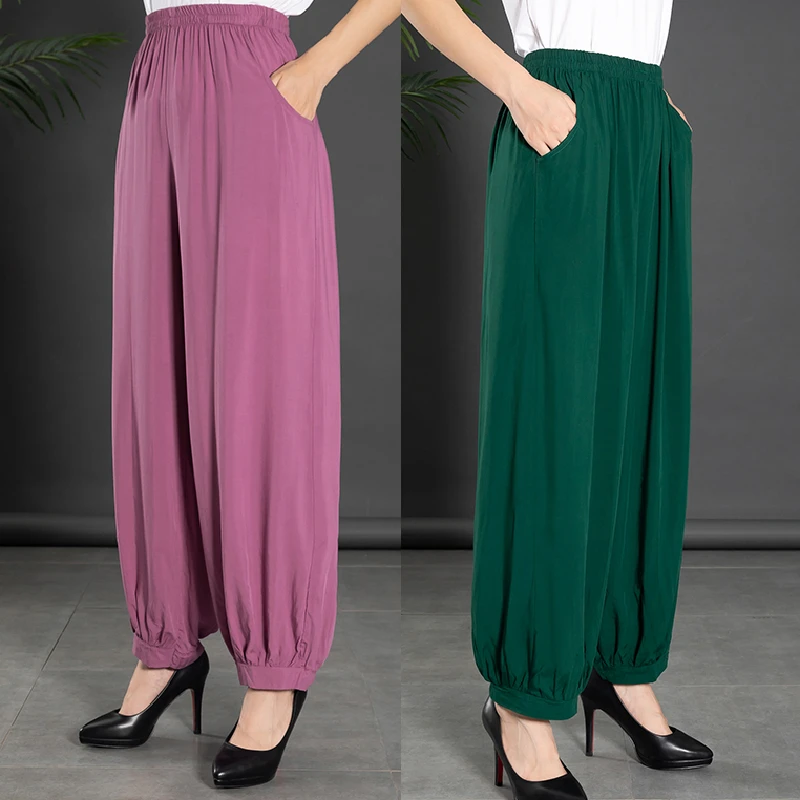 纯色人造棉绸灯笼裤民族风中老年女装春夏新款长裤宽松休闲沙滩裤