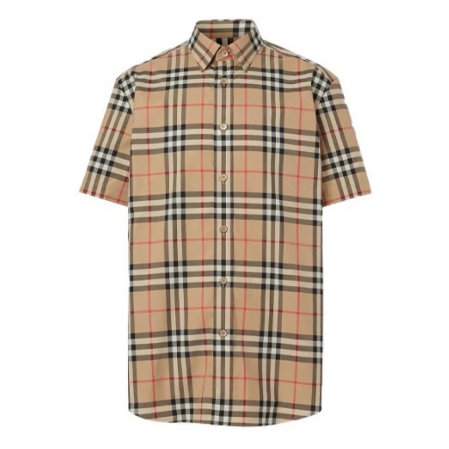 全新未使用 BURBERRY/博柏利 男款经典驼色格子纹休闲短袖衬衫