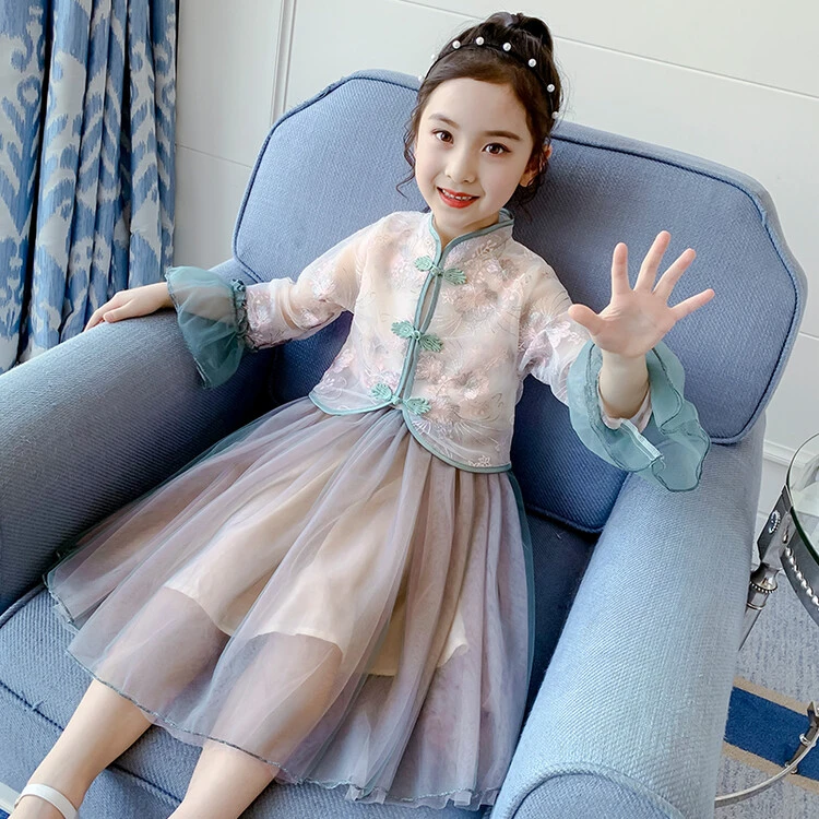 女童连衣裙2023春秋新款碎花公主汉服韩版网纱裙子儿童民族风套裙