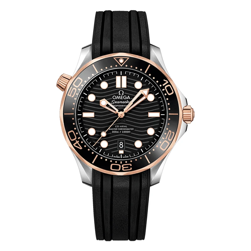 99新 Omega/欧米茄 海马300/42mm玫瑰金黑盘胶带运动潜水机械男表