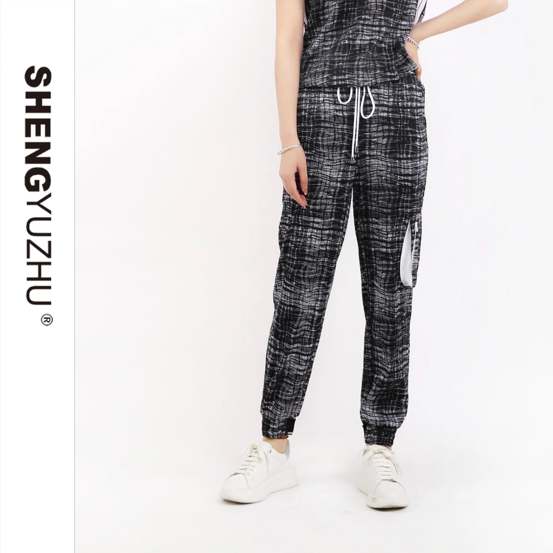 声雨竹春夏新款休闲时尚百搭宽松弹力运动针织黑白乱纹束脚哈伦裤