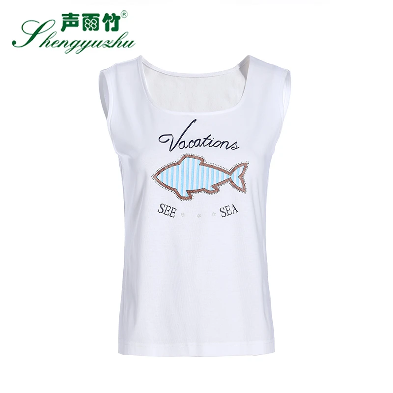 Shengyuzhu/声雨竹夏季新款街头修身印花卡通小鱼无袖圆领短袖T恤