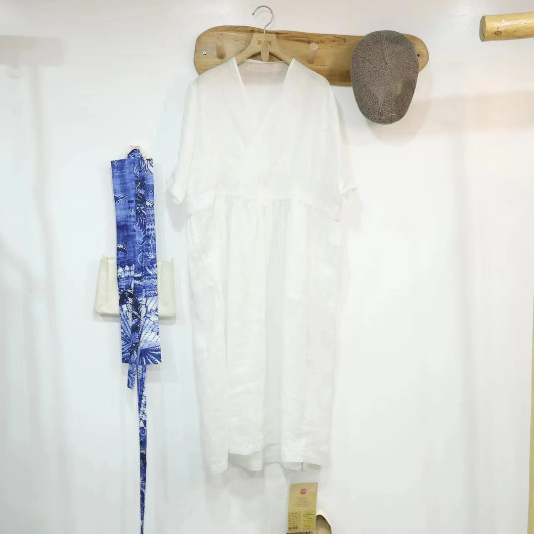 【抖音专属】V领连衣裙（22707378-苎麻白）