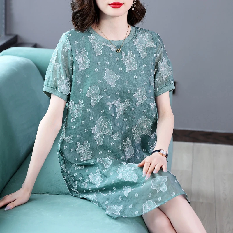 时尚妈妈装大码女装百搭休闲圆领裙子夏季短袖宽松气质减龄连衣裙