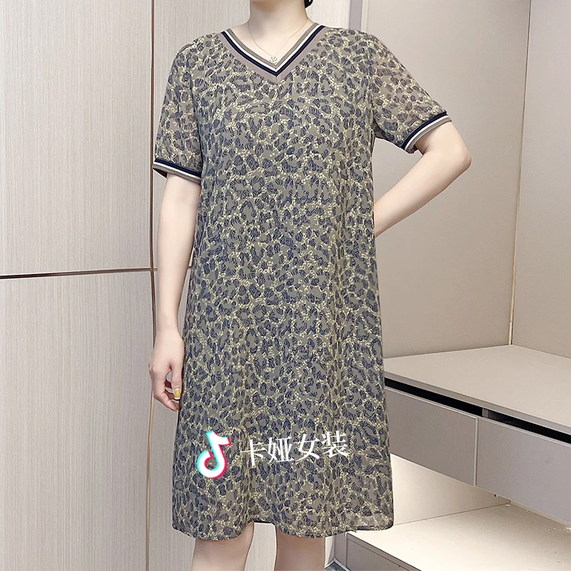 时尚妈妈装裙子夏季短袖V领减龄显瘦中长款连衣裙F1356