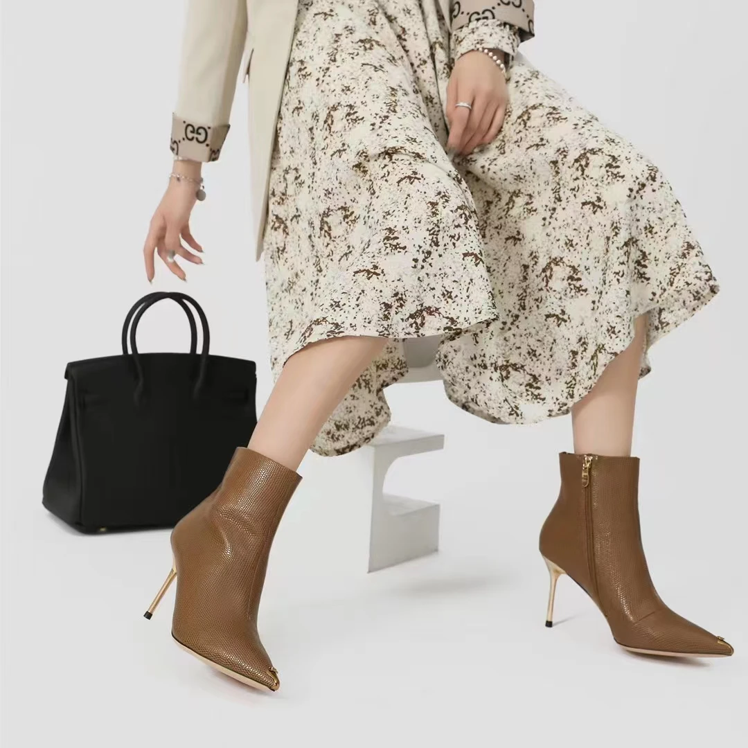 朱朱姐时尚细跟7公分气质百搭高跟尖头秋冬冬季皮短靴292809-5