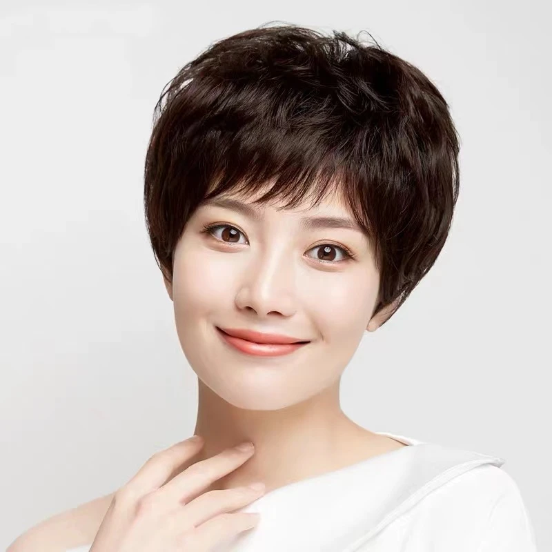 假发短发女全真人发丝短卷发中老年妈妈女士假发短发真发头套轻薄