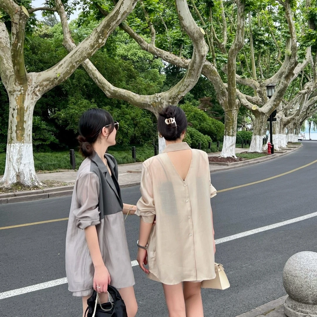 QGD3772夏季新款西装拼接防晒长袖衬衫时尚宽松外套女