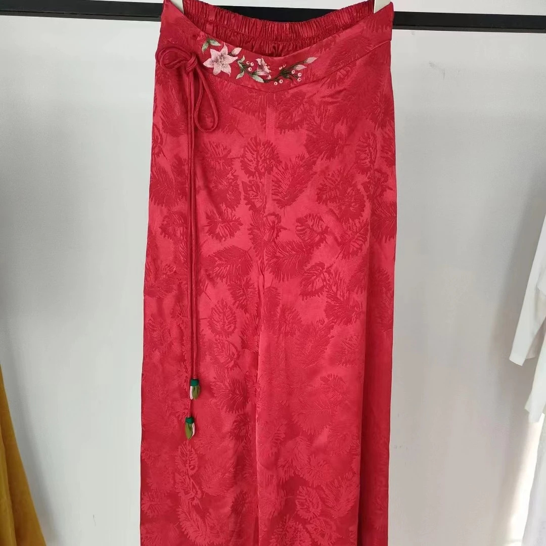 1506提花缎面新品刺绣抽绳阔腿裤（直接拍）