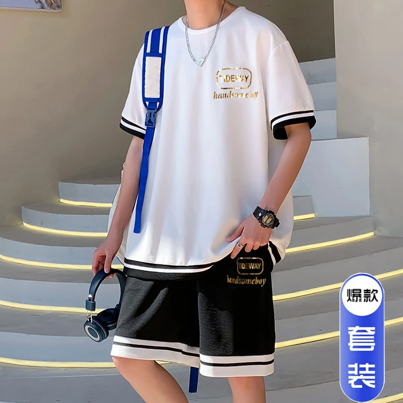 夏季新款青少年时尚潮流阳光帅气宽松圆领短袖短裤休闲运动套装男
