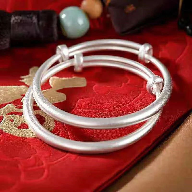 足银手镯 足银999.9古法磨砂宝宝手镯婴幼儿款传承素圈推拉对镯