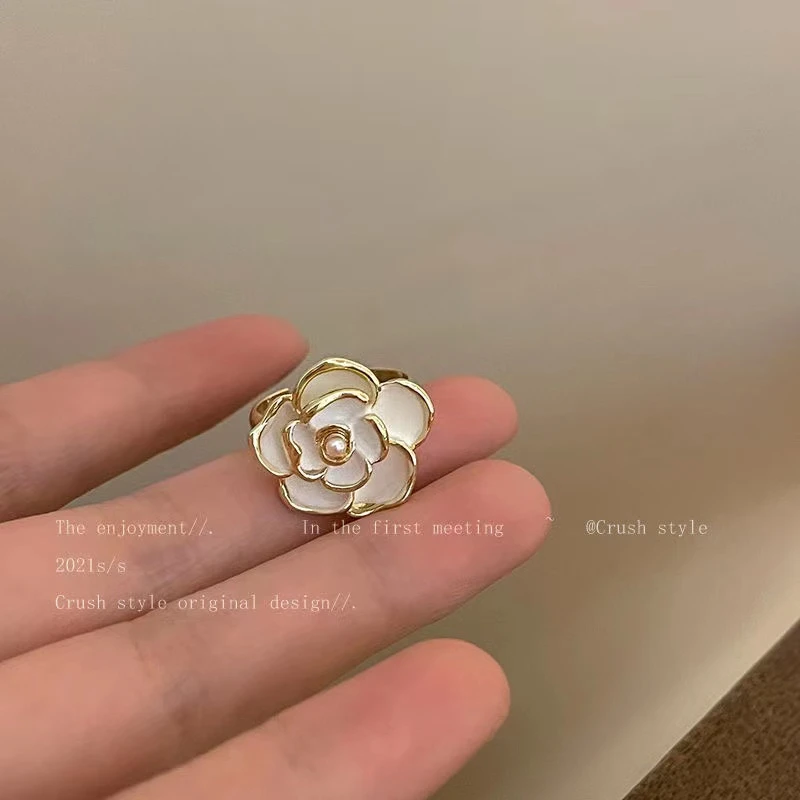 合金仿珍珠戒指 88521法式简约山茶花开口戒指