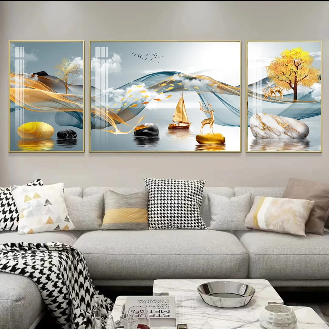 【丝带客厅三联画】顺丰发货送货到家沙发背景客厅三联晶瓷镶钻画