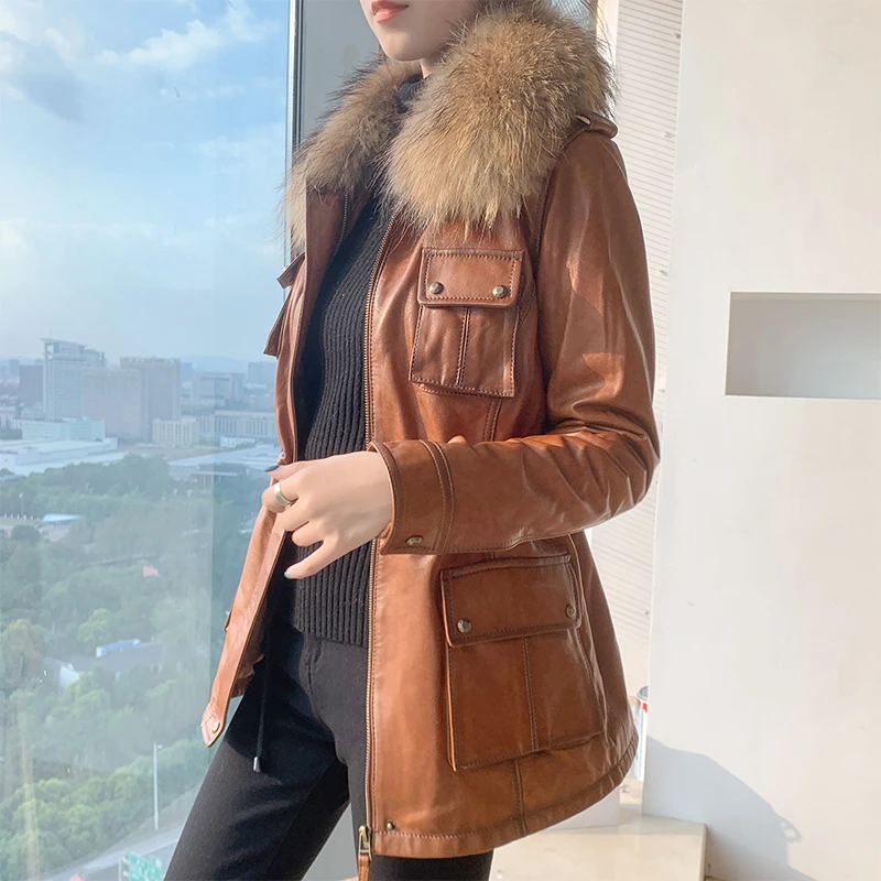 真皮羽绒服女新真皮皮衣外套女中长款加绒修身加厚秋冬时尚显瘦