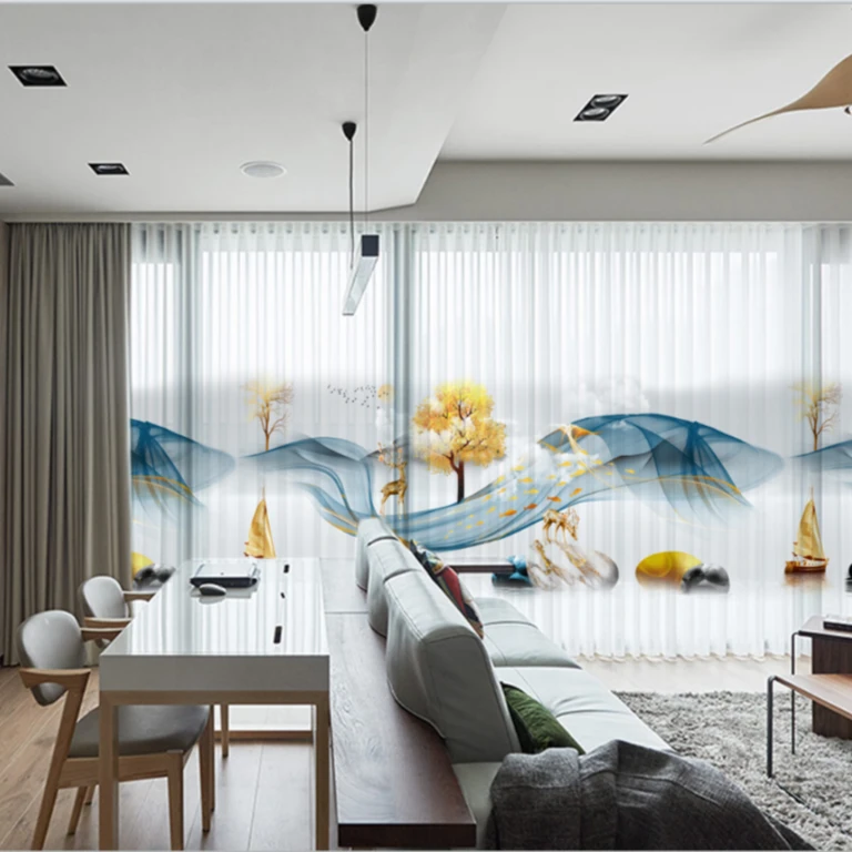 新款特价小鹿款山水画透光不透人金刚棉5D数码印花纱（客卧两用）