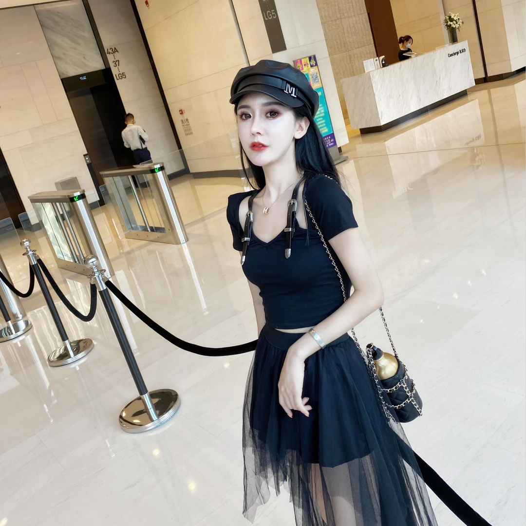 网红图夏款韩版暗黑系性感修身短袖T恤+法式复古网纱半身裙