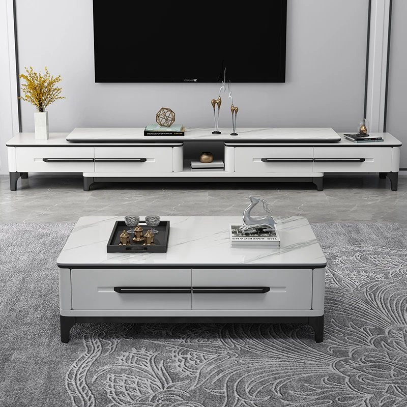 现代简约家用推拉岩板电视柜茶几组合套餐可伸缩客厅大容量储物