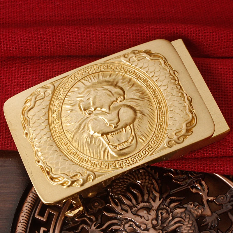 黄铜狮子头皮带卡槽扣头男士真皮百搭腰带时尚休闲实心商务金色