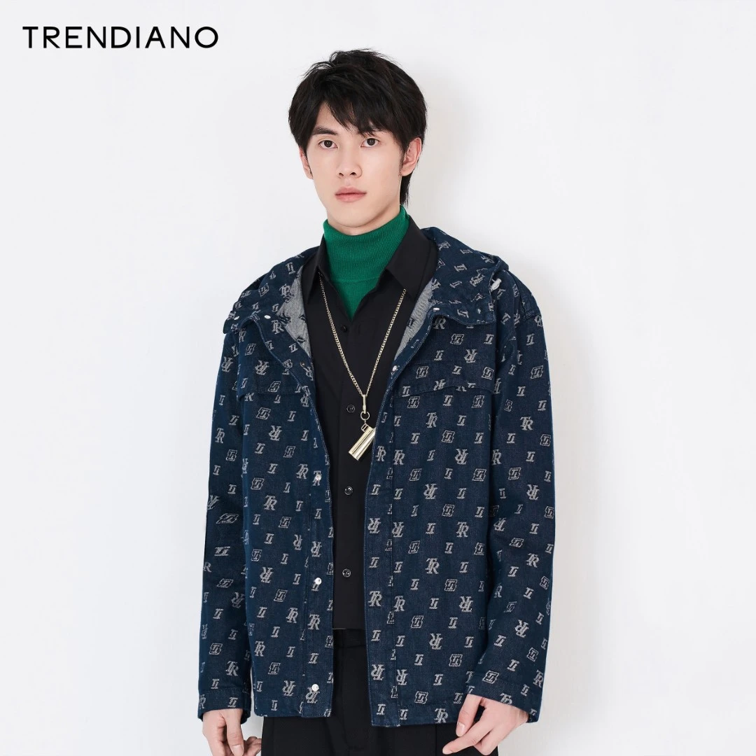 TRENDIANO秋冬仿牛仔TR提花连帽休闲夹克男3NE3095240男士时尚