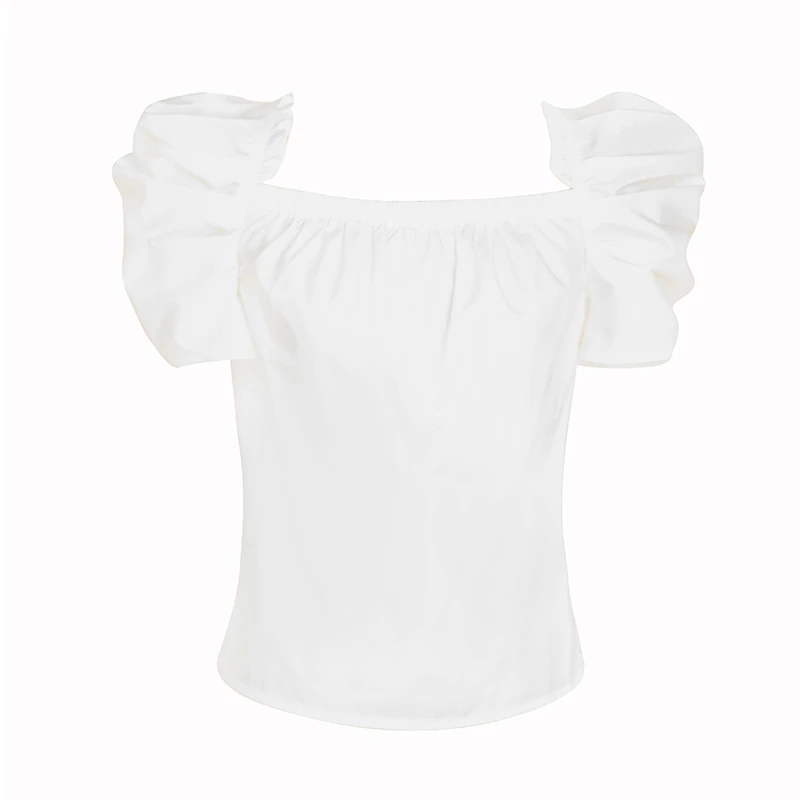 jungle me【夏日甜心】夏季气质女士百搭方领白色T恤泡泡袖法式短款