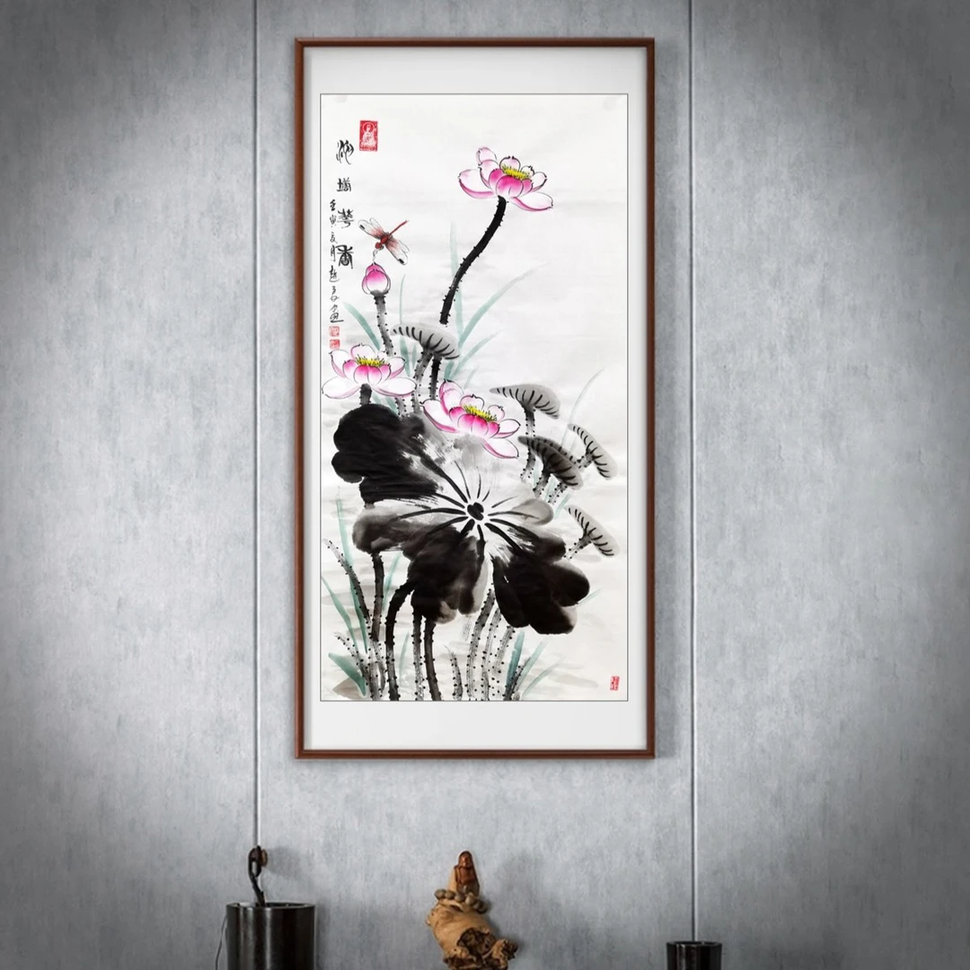 手绘荷花《池塘花香》玄关画字画带框