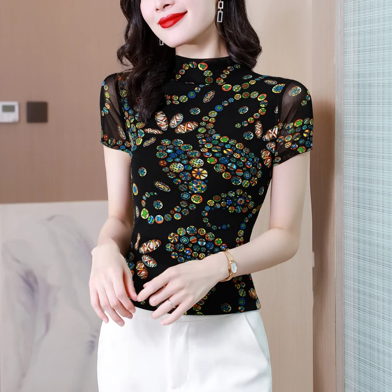 夏季新款时尚印花短袖T恤女网纱打底衫上衣透气舒适洋气小衫9278