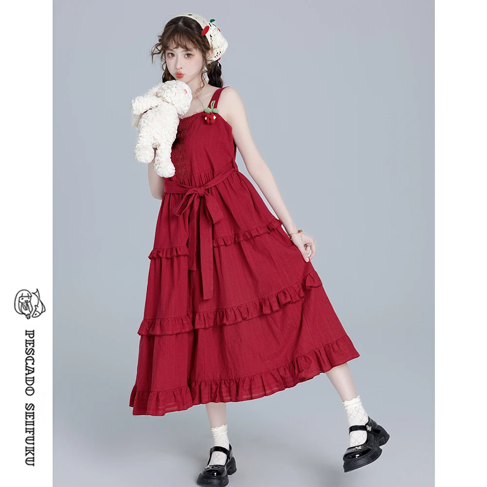 咸鱼衣橱 [山茶诗]红色蛋糕裙背心连衣裙女夏甜美可爱小个子裙子