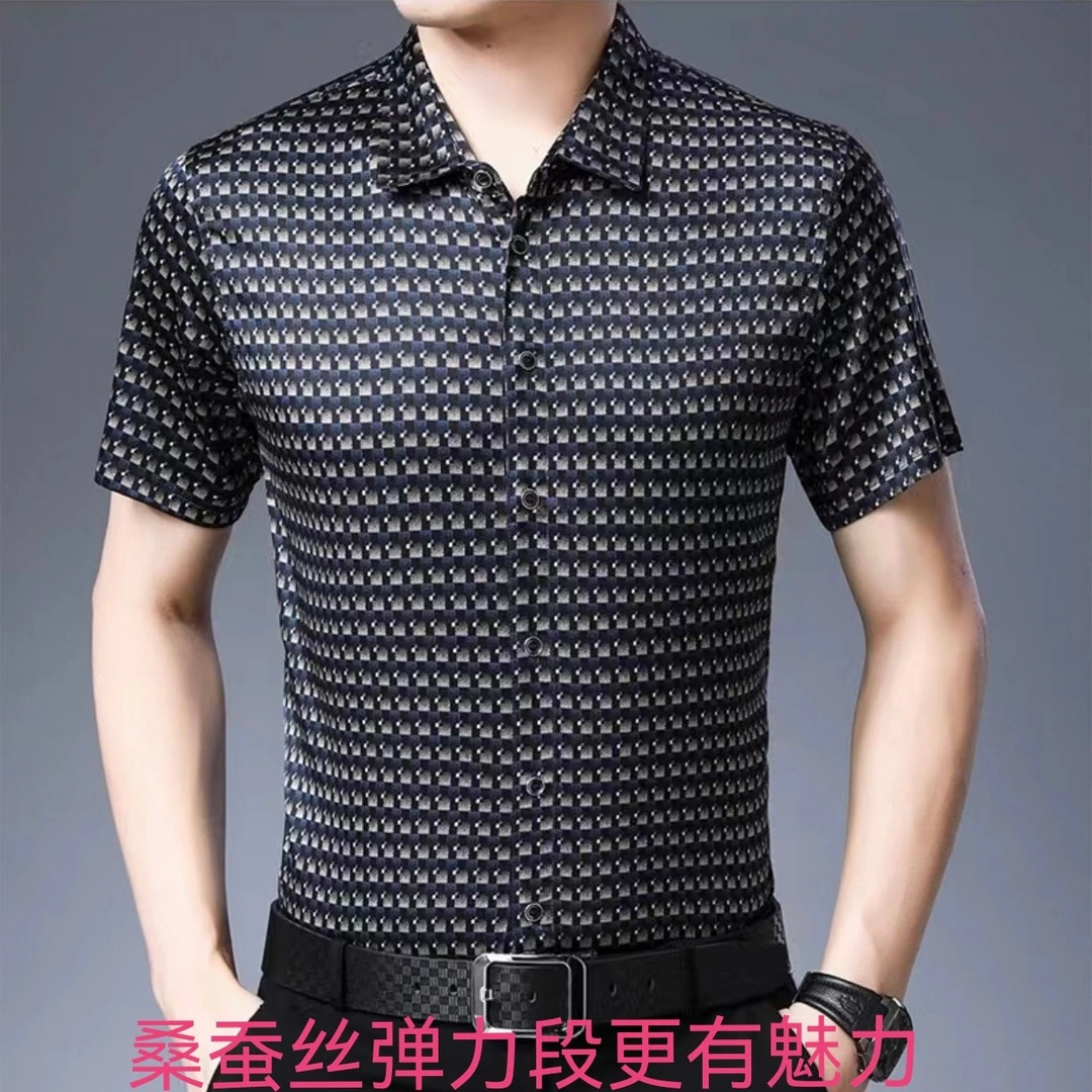 92%桑蚕丝弹力缎男士数码喷绘短袖衬衫夏季休闲时尚商务男装高档