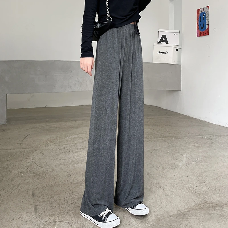 莫代尔阔腿裤女夏季薄款灰色高腰直筒休闲垂感宽松舞蹈睡裤防晒裤