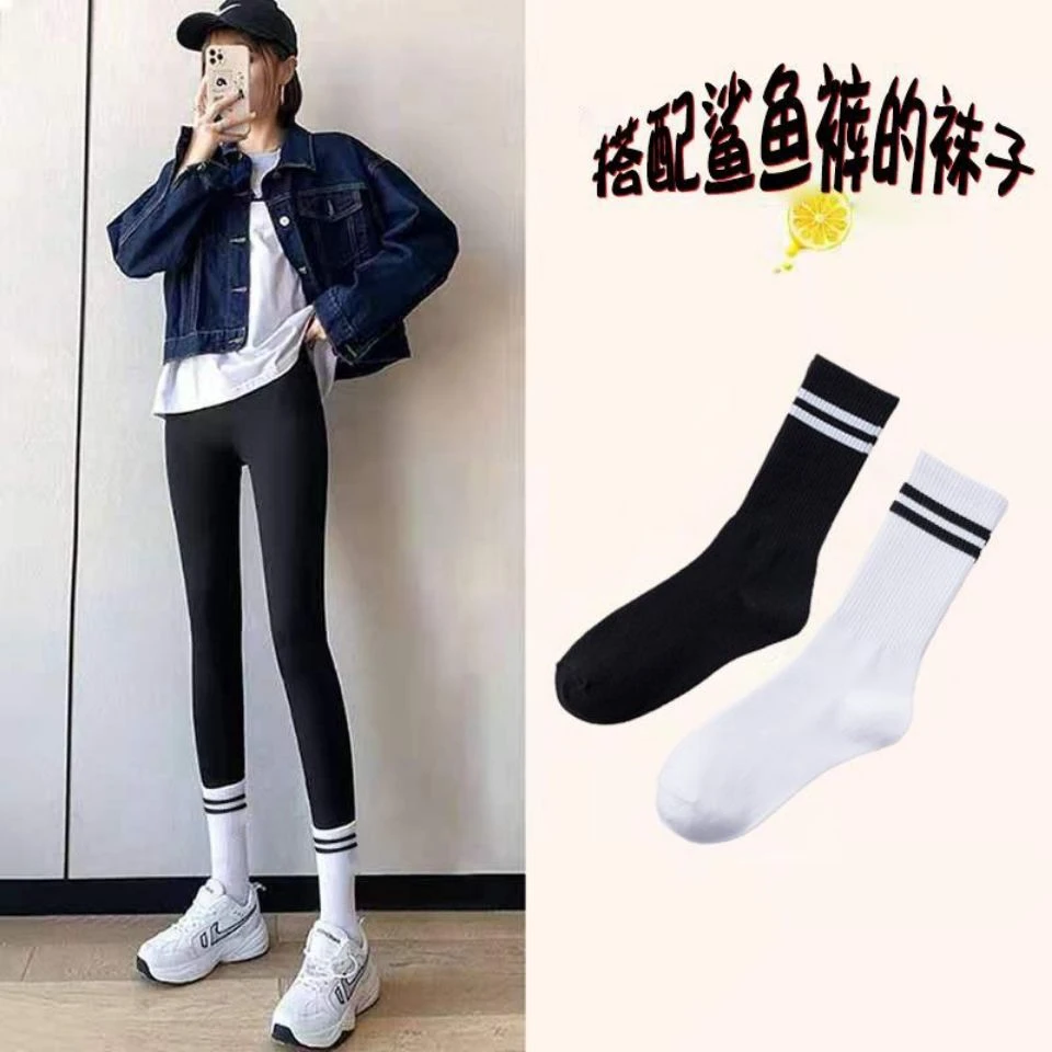 鲨鱼裤女袜长筒春秋季中筒百搭纯棉防臭透气运动袜子外穿春季男款
