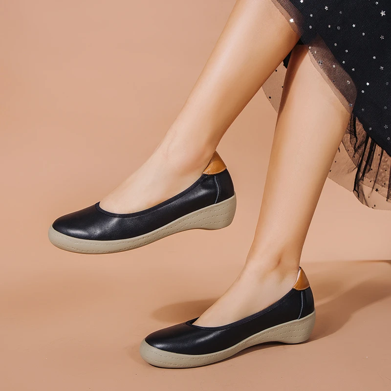 浅口单鞋女真皮2025年新款春季皮鞋软底舒适鞋平跟圆头休闲鞋