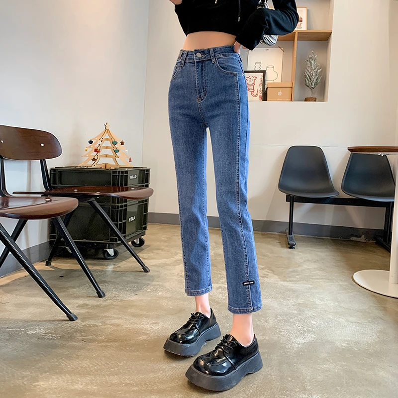 字母标侧开叉弹力水洗软牛仔直筒裤女 春季高腰显瘦