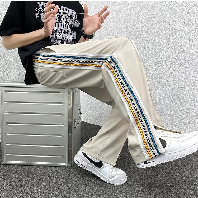 欧美潮流风裤子设计感小众垂感冰丝阔腿裤男夏季编织开衫微喇叭裤