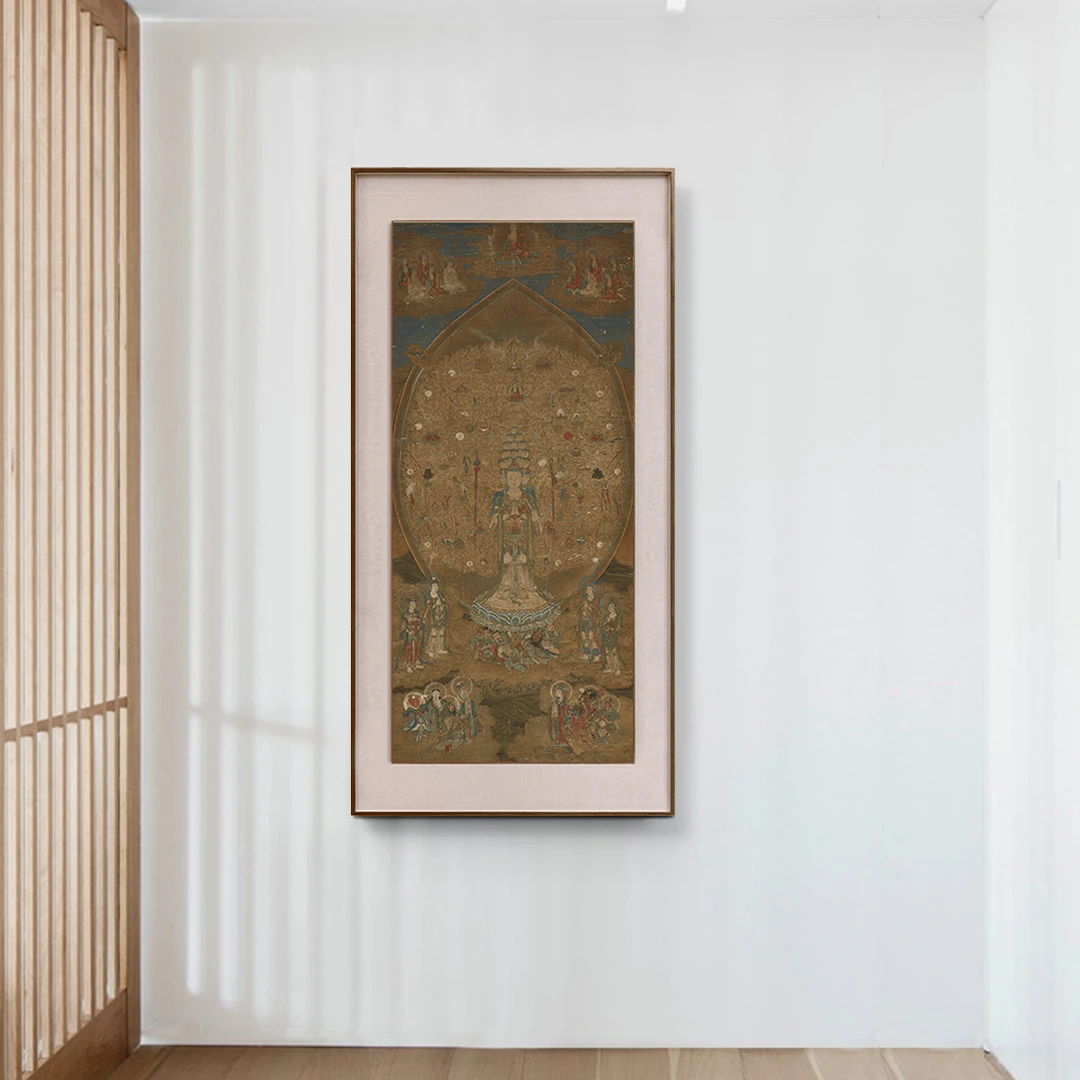 《千手千眼观世音菩萨》黑胡桃木榫卯双层框  新中式玄关走道挂画