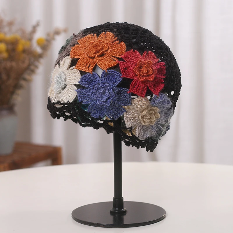 夏秋新款ins小众设计渐变手钩花朵包头帽女毛线帽优雅镂空针织帽