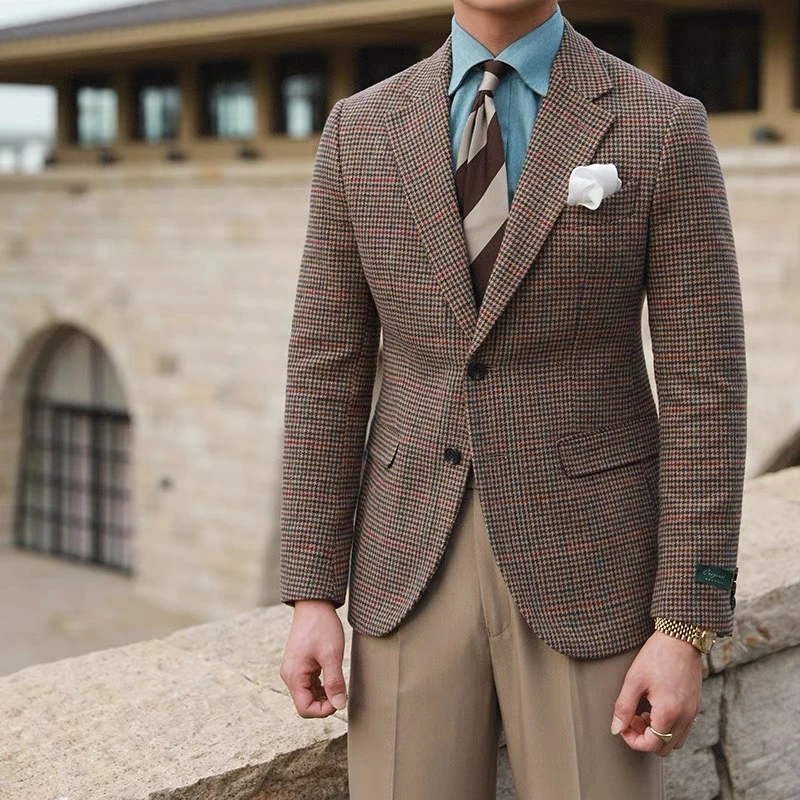 休闲西装男百搭精致羊毛保暖单排扣上衣春季修身时尚绅士复古西服