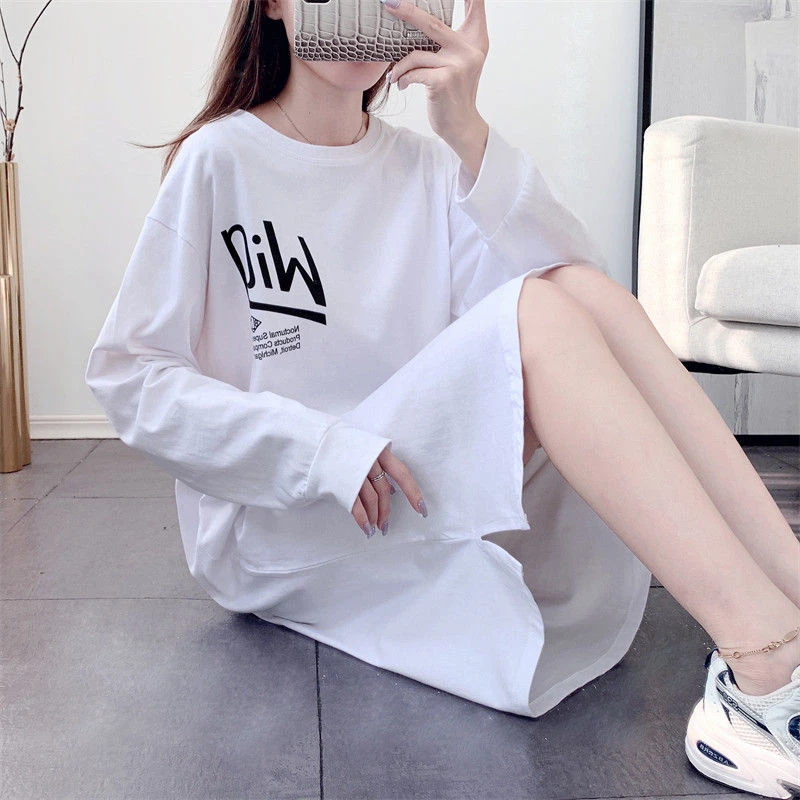 95%纯棉慵懒风长袖过膝懒人连衣裙女宽松外穿长款T恤遮臀打底裙