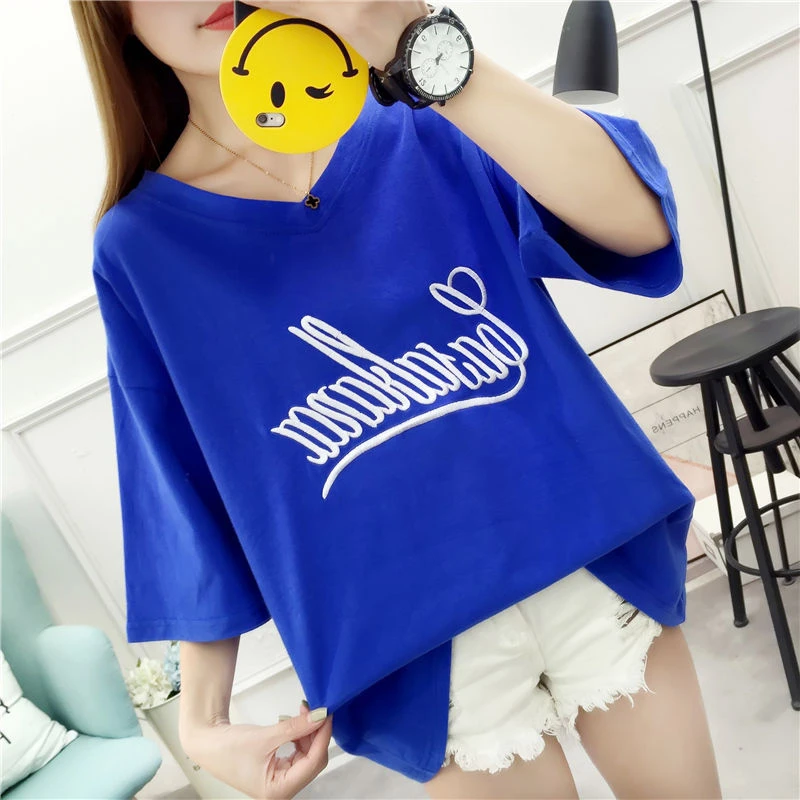 95%纯棉2021夏装韩版加大码刺绣字母短袖T恤女生宽松显瘦上衣潮女