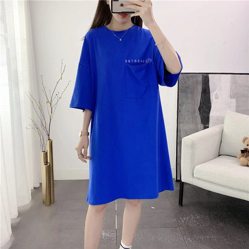 长款T恤女绣花口袋短袖宽松港风ins潮原宿bf慵懒风夏装中长款裙子