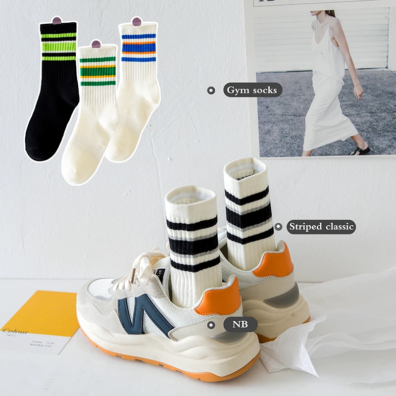 袜子女ins潮长筒袜外穿韩国网红款条纹百搭健身男运动棉中筒袜