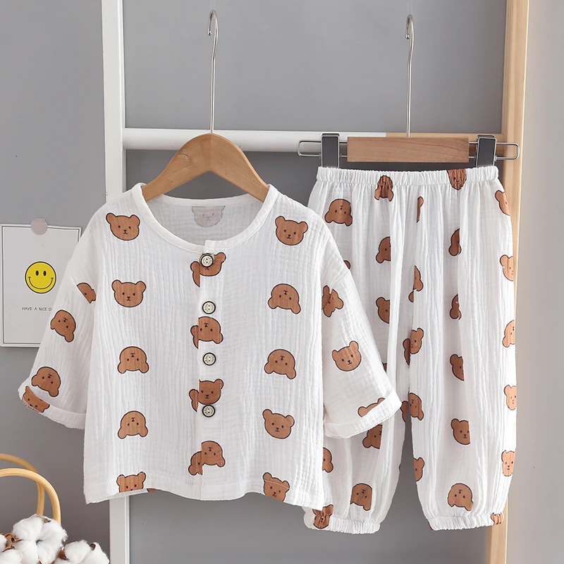 春秋儿童睡衣纯棉纱布长袖长裤防蚊裤套装男女童宝宝蝙蝠袖家居服