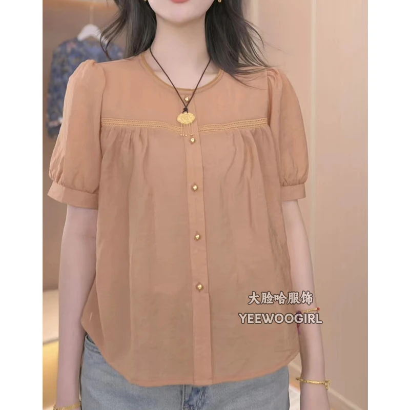 【大脸哈】[现货]时尚圆领短袖衬衫女夏季新款别致漂亮宽松显瘦上衣